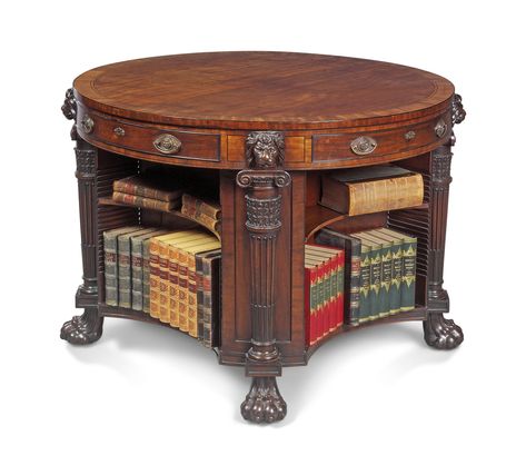 A REGENCY MAHOGANY, EBONY AND EBONISED LIBRARY DRUM TABLE | CIRCA 1805, IN THE MANNER OF MARSH & TATHAM | early 19th Century, drum table | Christie's Queer Vampire, Eaton Square, Book Furniture, Fantasy Furniture, 21 November, Furniture Manufacturing, Home Library Design, Drum Table, Dream Furniture