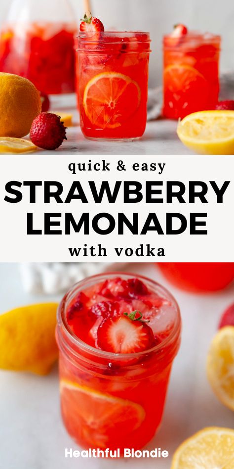 This easy strawberry lemonade vodka has the best sweet-tart flavor and is made with fresh strawberries and lemons – the perfect refreshing cocktail to make any time of year! Boozy Strawberry Lemonade, Strawberry Cocktail Recipe Summer Drinks, Strawberry Lemonade Vodka Drink, Strawberry Lemon Cocktail, Tito’s Strawberry Lemonade, Spiked Strawberry Lemonade Recipe, Strawberry Lemonade Vodka Recipe, Strawberry Cocktails Recipes, Strawberry Lemonade Alcoholic Drink