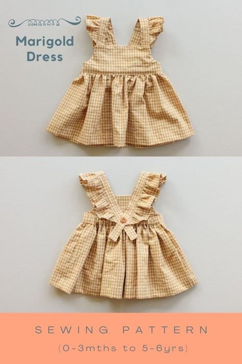 The Marigold Dress sewing pattern (0-3mths to 5-6yrs). Now's your chance to make your beautiful girl this peplum style top or baby doll style dress. You also have the option of a normal strap or a cute little ruffle strap. The straps button (and unbutton) on the center back to make getting dressed a breeze. The skirt/peplum is extra full for extra fun when twirling about. Toddler Dress Patterns Sewing, Tulle Under Dress, Toddler Girl Dress Sewing Patterns Free, 1 Yard Projects Sewing, Baby Dress Sewing Patterns Free, Free Newborn Dress Pattern, Baby Doll Dress Sewing Pattern, Baby Girl Dress Patterns Free, Baby Girl Dress Sewing Pattern