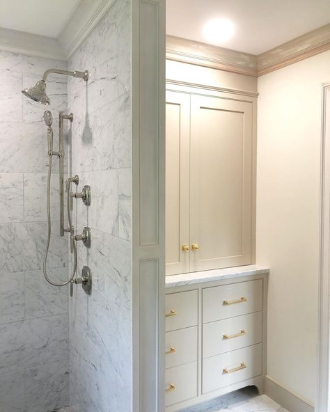 Linen Armoire Bathroom, Bathroom Vanity With Built In Linen Cabinet, Bathroom Cabinet Design Ideas, Diy Built In Vanity, Built In Cabinet Bathroom, Bathroom With Closet Inside, Wardrobe In Bathroom, Vanity With Linen Closet, Vanity With Tall Side Cabinet