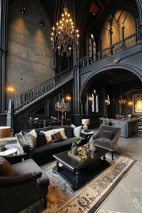 Modern Gothic House, Modern Gothic Interior, Gothic Modern House, Goth Interior Design, Modern Gothic Home, Gothic Victorian House, Gothic Interior Design, Goth Houses, Luxurious Living Rooms