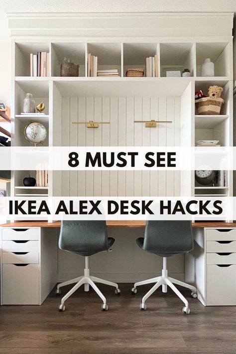 I found the 8 most unique desk hacks with the IKEA Alex drawer system. Make a unique and affordable desk for yourself or your kids Ikea Alex Built In, Ikea Desk With Bookshelves, Ikea Alex Ideas, Kallax Lagkapten Desk Ideas, Ikea Kallax Office Ideas, Billy Desk Hack, Alex Ikea Desk Hack, Ikea Office Hacks Ideas, Ikea Office Desk Hack