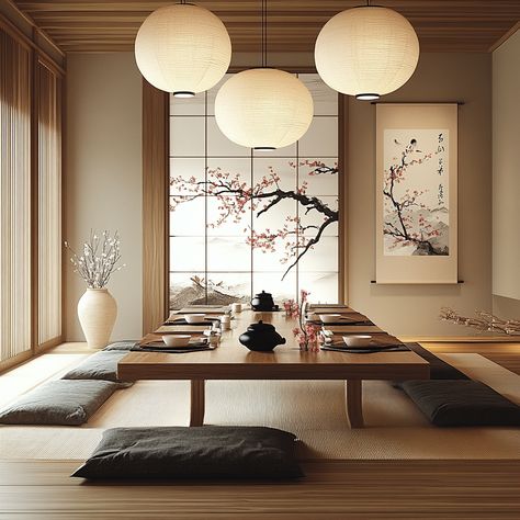 Step into a world of calm and tradition with this Japanese tea room. Featuring tatami mats, a low tea table, and a tokonoma alcove, this space is perfect for quiet reflection. #JapaneseTeaRoom #TatamiMats #MinimalistDecor #ZenLiving Japanese Style Study Room, Low Japanese Dining Table, Japanese Style Dining Table, Asian Tea Room, Japanese Dressing Room, Tea Room Japanese, Japanese Style Dining Room, Chinese Room Aesthetic, Japanese Wedding Table