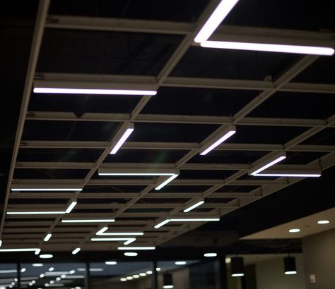 Grid Ceiling Lighting, Grid Lighting Ceiling, School Lighting Design, Classroom Lighting Design, Ceiling Grid Design, Grid Ceiling Design, Grid Ceiling, Linear Lighting Design, Restaurant Lighting Design