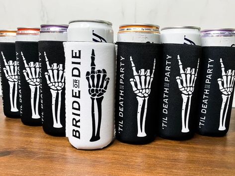 Spooky Bridesmaids Gifts, Rockabilly Bachelorette Party, Bachelorette Party Spooky, Harley Davidson Bachelorette Party, Rock On Bachelorette Party, Dark Themed Bachelorette Party, Bachelorette Party Ideas Cricut, Goth Bridal Party, Horror Theme Bachelorette Party