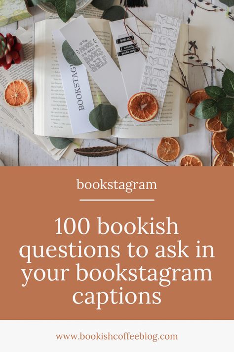 image of a book with four bookmarks on top. below the image is text that reads, “100 bookish questions to ask in you bookstagram captions” Mom Book Club Names, Book Club Engagement Posts, Book Questions Instagram, Book Questions To Ask, Bookish Questions To Ask, Book This Or That, Bookstagram Questions, Booktok Content Ideas, Bookish Questions