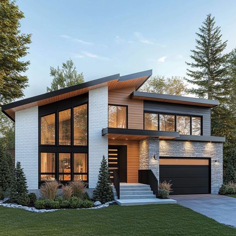 Discover your dream home in modern elegance. 🏡 This split-level masterpiece blends white brick and grey siding with warm wooden accents, creating a stunning contemporary look. Slanted roofs, large windows, and sleek black frames add to the dynamic vibe. Surrounded by nature's beauty, this is where style meets serenity. 🌳🌿 #ModernHome #ArchitectureDesign #DreamHome #ContemporaryLiving #HouseGoals #RealEstate #LuxuryLiving #HomeDesign #minimalistdesign Modern Side Split House, Modern Square House Exterior, Split Level Modern House, Home Exterior Brick And Siding, White Brick House Modern, Side Split Exterior Renovation, Modern House With Wood Accents, Modern Wooden House Design Exterior, Modern Home Windows