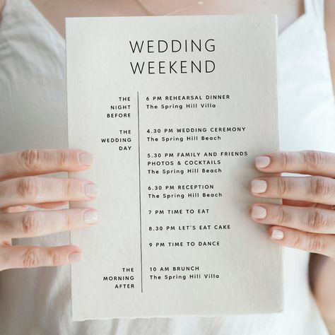 Black and white simple minimalist Wedding Weekend Timeline card for welcome bag. Please contact me if you need additional items. Extra Details For Wedding, Wedding Weekend Program, 3 Day Wedding Weekend, Destination Wedding Weekend Itinerary, Wedding Weekend Timeline, Elegant Wedding Details, Wedding Welcome Party Ideas, Wedding Extras Touches, Small Wedding Details