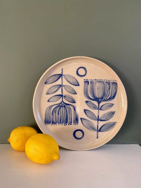 Medium Size, Stoneware Mid Century Folk Inspired White and Beige Plate, Wheel Thrown and Hand Pai... | Etsy (US) Underglaze Designs, Blue Pottery Designs, Ceramic Plates Designs, To Holland, Folk Pottery, Hand Painted Dishes, Traditional Pottery, Plates Diy, Ceramic Workshop