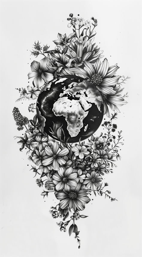 fairycore aesthetic earth and flower tattoo design encapsulates a sense of wonder and enchantment #enchantedtattoo Earth And Flower Tattoo, Flower And Space Tattoo, Earth Tattoos For Women, Planet And Flowers Tattoo, Earth With Flowers Tattoo, Floral Planet Tattoo, Black And White Earth Tattoo, Fairycore Tattoo Designs, Earth Tattoo Design