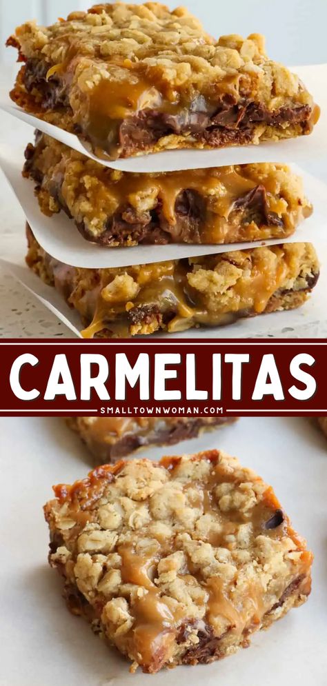 The best ever Carmelita Bars! They're an easy dessert to make at home. With gooey caramel and chocolate sandwiched between buttery oatmeal crumbs, this carmelitas recipe will always satisfy your sweet food craving! Carmelita Bars, Carmelitas Recipe, Chocolate And Caramel, Gooey Caramel, Homemade Dessert, Dessert Bar Recipe, Chocolate Sandwich, Oatmeal Bars, Cookie Bar Recipes