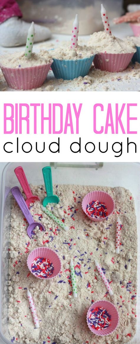 Birthday Cake Scented Cloud Dough - pretend play to make birthday cakes: Cloud Dough Recipes, Preschool Birthday, Toddler Sensory Bins, Sensory Tubs, Sensory Tub, Make Birthday Cake, Cloud Dough, Toddler Sensory, Tuff Tray