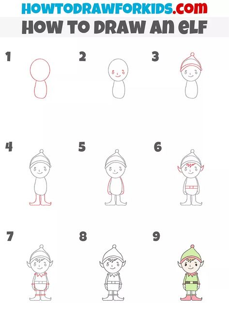 How to Draw an Elf Step by Step - Easy Drawing Tutorial For Kids Elf Doodle Easy, How To Draw An Elf Step By Step, How To Draw An Elf, Step By Step Drawing Christmas, Elfs Drawing, How To Draw Step By Step Easy, How To Draw Christmas Stuff, Draw Christmas, Easy Christmas Drawings