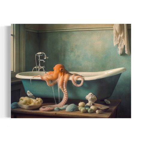 Art Octopus, Painting Funny, Octopus Wall Art, In The Bathtub, Pismo Beach, Funny Bathroom, Bathroom Wall Art, Bathroom Wall, Octopus