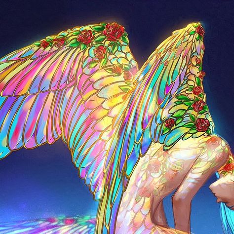 Stained Glass Character Design, Winged Person Art, Human With Wings, Wings Aesthetics, Space Wings, Angel Oc Art, Oc Wings, Nature Oc, Wing Reference