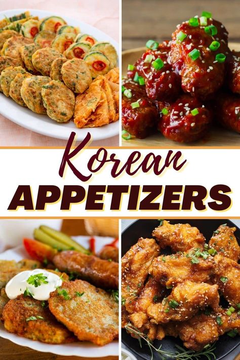 Also known as banchan, Korean appetizers are an important part of any Korean meal. From beef tacos to tuna pancakes to chicken wings, these authentic apps are so easy to whip up. Korean Inspired Appetizers, Korean Bbq Appetizer, Asian Party Appetizers, Korean Appetizer Recipes, Korean Foods With Names, Easy Korean Appetizers, Asian Tapas Ideas, Asian Pizza Recipes, Korean Appetizers For Party