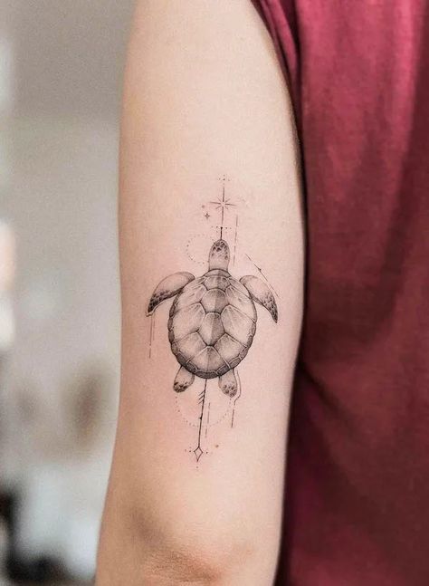 Turtle Design Tattoo, Arm Turtle Tattoo, African Turtle Tattoo, Turtle Tattoo Back Of Arm, Meaningful Turtle Tattoos, Elegant Turtle Tattoo, Linework Turtle Tattoo, Turtle Tatoos Ideas, Turtle Line Art Tattoo