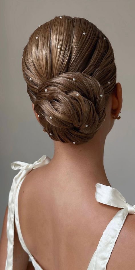 chic updos, updos, updo hairstyle, cute updo, simple updo, chignon, high updo Low Bun With Pearls, Bun With Pearls, Updo Simple, Classic Updo Hairstyles, Spanish Hair, Enchanting Hairstyles, Cornrow Updo Hairstyles, Sleek Low Bun, Sleek Hairstyle