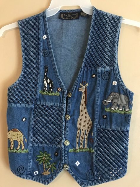 New Direction Petite Medium Denim Safari Vest Lattice Weave Pattern 🐘🐪🦒. Very nice preowned condition. Appliquéd elephant, giraffe, camel, palm tree. Lattice weave pattern on front Safari Vest, Waistcoat Designs, Safari Pattern, Shirt Makeover, Safari Outfits, Vest Sewing Pattern, Denim Crafts Diy, Wearable Art Clothing, Clothes Pictures