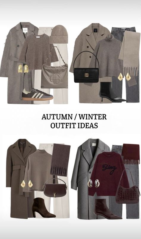 This set features four elegant and cozy outfits in neutral tones, perfect for fall or winter.Key elements include oversized wool coats in shades of grey and brown, paired with turtleneck sweaters, straight-leg jeans, or off-white pants.Accessories such as structured bags, gold drop earrings, and soft scarves add sophistication.Footwear includes sneakers, heeled boots, and suede ankle boots, offering versatility. Casual wardrobe, basic wardrobe, office elegant outfit, everyday stylish minimalist Wardrobe Office, Brown Boots Outfit, Office Elegant, Oversized Wool Coat, Outfit Everyday, Pants Accessories, Cozy Outfits, Turtleneck Sweaters, Basic Wardrobe