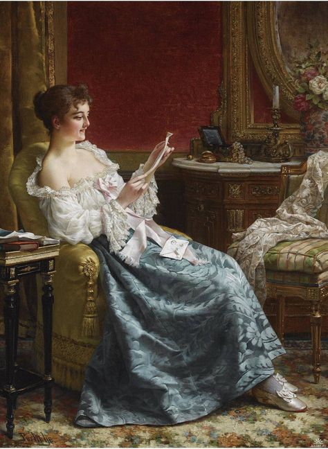 The Love Letter (1887). Jan Frederik Pieter Portielje (Netherlands, 1829-1895/1908). Oil on canvas. 19th Century Women, Victorian Paintings, Lace Painting, 19th Century Paintings, Painted Ladies, European Paintings, 수채화 그림, Classic Paintings, Woman Reading