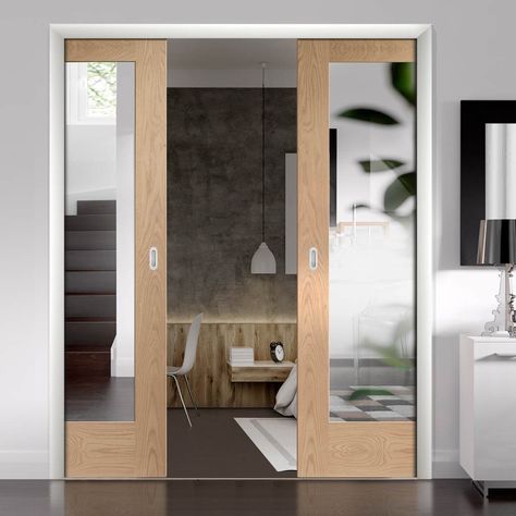 Double Pocket Pattern 10 Oak Door - Mirror One Side - Lifestyle Image.      #pocketdoors #slidigndoors Mirror Pocket Door, Modern Pocket Doors, Sliding Bathroom Doors, Mirror Sliding Door, Sliding Doors Internal, Double Pocket Doors, Sliding Door Panels, One Side, Solid Oak Doors