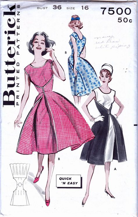 Butterick 7500; ca. 1955; Quick N Easy One Piece Wrap Dress. Here's the smartest idea of the... Patterns Japanese, Butterick Dress Patterns, Vintage Clothes Patterns, Apron Patterns, Wrap Dress Pattern, Patron Vintage, Womens Wrap Dress, Strange History, Retro Apron