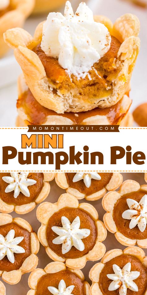 These Mini Pumpkin Pies capture all of the warm, comforting flavors of a traditional pumpkin pie but in a fun, bite-sized version. With a buttery, flaky crust and a rich, spiced pumpkin filling, these mini pies are sure to be a hit at holiday parties, family gatherings, or a cozy dinner with friends! Kid Friendly Desserts For Thanksgiving, Mini Pumpkin Pie Recipe, Kids Friendsgiving, Pumpkin Pie Mini, Pumpkin Cooking, Mini Pumpkin Pies Recipe, Pumpkin Pie Bites, Mini Pumpkin Pie, Traditional Pumpkin Pie