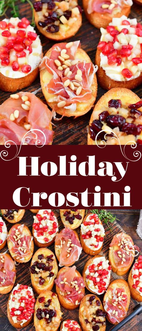 Crostini is a great party appetizer for any occasion and I can't wait to share this Holiday Crostini trio! Crispy, delicious slices of baguette are topped with sweet, salty, and creamy ingredients that are all complimentary of each other. When it comes to scrumptious holiday appetizers, it doesn't get much better than this. How To Make Crostini, Cold Appetizers Easy, Bruschetta Appetizer, Fresh Appetizers, Crostini Appetizers, Crescent Recipes, Holiday Appetizers Recipes, Crostini Recipes, Party Dishes