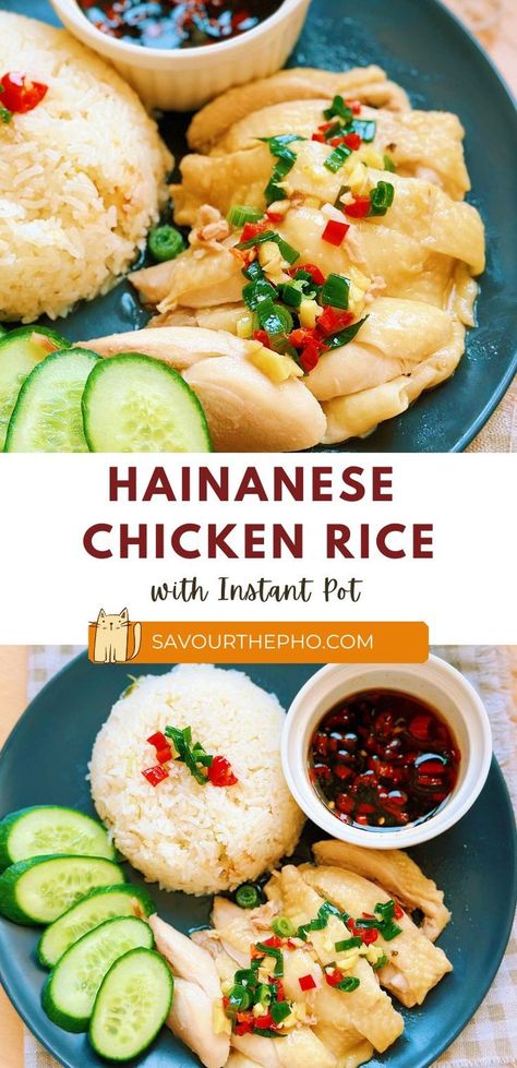 This Instant Pot Hainanese Chicken Rice is my take on classical Hainan Chicken Rice. With aromatic and fluffy rice, juicy chicken, and delectable sauces, this Asian recipe will surely impress you! Steam Chicken Recipe, Instant Pot Asian Recipes, Hainan Chicken Rice, Hainan Chicken, Pressure Cooker Recipes Chicken, Hainanese Chicken Rice, Asian Dish, Chicken Rice Recipes, Hainanese Chicken