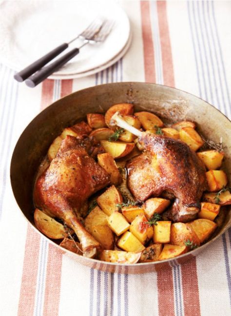 Roast Duck Legs with Potatoes | Nigella's Recipes | Nigella Lawson Roasted Duck Legs Recipe, Duck Pancakes Recipe, Duck Leg Recipes, Duck Pancakes, Nigella Lawson Recipes, Chorizo And Potato, Bitter Greens, Roast Duck, Fennel Salad