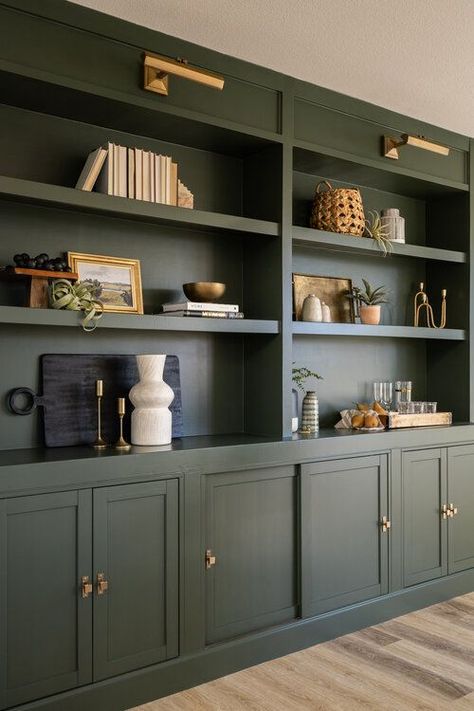 Built In Bookshelves Paint Color, Cabinet Decor Living Room, Ikea Built In Hack, Casa Rock, Green Bookshelves, Cabinet Hack, Ikea Cabinet, Built In Shelves Living Room, Living Room Built Ins