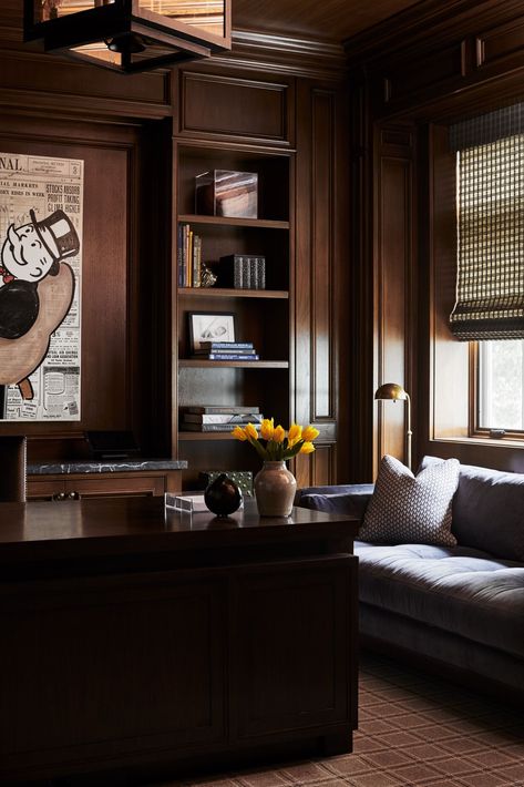 Moody and Dark home office. Cozy Den Built in bookcases + all wood paneling walls + floating desk in a space | Barta Interiors Georgian Remodel, Dark Wood Office, Wood Paneling Walls, Dark Home Office, Dark Wood Bookcase, Moody Home Office, Paneling Walls, Home Office Dark, Built In Bookcases