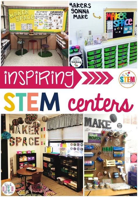 When it comes to setting up your STEM (science, technology, engineering and math) center, picking the perfect spot can make or break it. If you want to do it right, you need to be sure to have plenty of space for students to work AND enough room to store all of your supplies! So, to help you start brainstorming the perfect set-up for YOUR unique classroom, I've gathered some of my favorite STEM works spaces and  some inspiring storage ideas too. #stemcenters #makerspace #classroomdecor Organisation, Makerspace Decorating Ideas, Steam Center In Classroom, Math Science Classroom Setup, Steam Lab Classroom, Stem Sign Classroom, Stem Centers Elementary, Steam Lab Elementary Decor, Science Lab Classroom Design