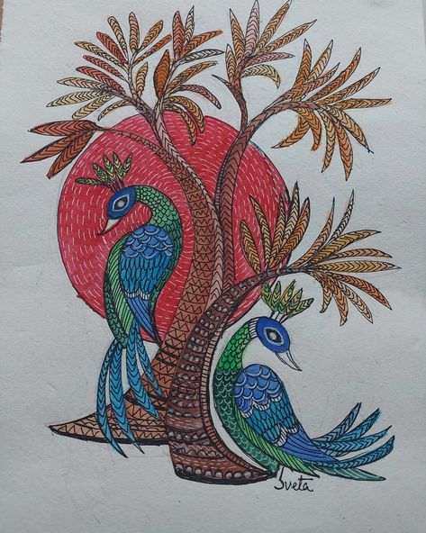 Gond Peacock Painting, Gond Art Peacock Paintings, Gond Art Drawings, Gond Painting Peacock, Gond Art Fish, Gond Art Easy, Gond Art Pattern, Gond Art Motifs, Gond Painting Design