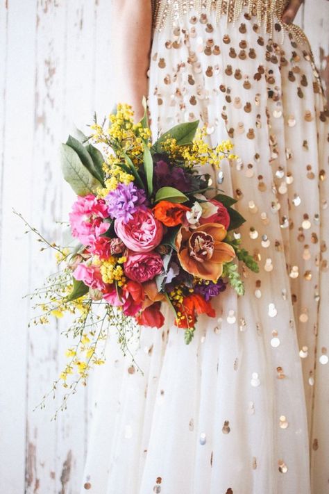 Lara Hotz | gold & glitter wedding dresses | SouthBound Bride #weddingdress #sparkle Tropical Bridal Bouquet, Indie Wedding, Tropical Bridal, A Bouquet Of Flowers, Colorful Bouquet, Beautiful Bouquets, Bouquet Inspiration, Bouquet Ideas, Bright Flowers