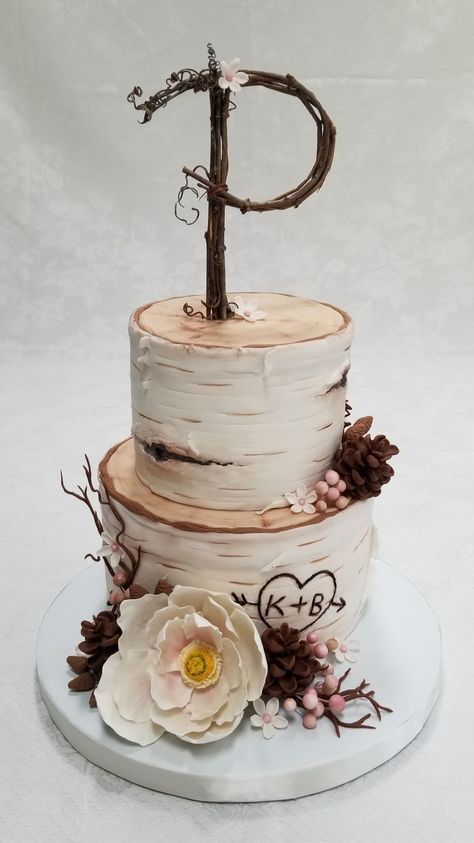 Bailey Cake, Birch Wedding Cakes, Birch Tree Cakes, Wood Themed Wedding, Baileys Cake, Ruffle Wedding Cake, Rustic Cake Stands, Birch Wedding, Gumpaste Flowers