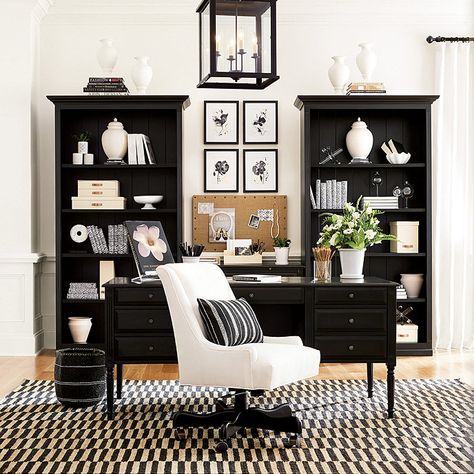 Black And White Home Office, White Home Office, Black And White Office, Black And White Home, Large Bookcase, Tall Bookcase, Cozy Home Office, White Office, Black And White Decor