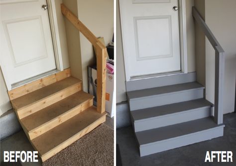 Revitalize your garage stairs with wood+concrete resurfacer | theMADcreative.com Organisation, Steps Into House From Garage, Painted Garage Steps, Diy Garage Stairs, Garage Stair Railing, Garage Steps Into House, Garage Steps Into House Ideas, Garage Stairs Makeover, Garage Stairs Into House