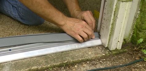 Watch this video to find out how to replace a worn or damaged entry door threshold to prevent drafts under doors. Diy Exterior Door, Exterior Door Threshold, Fixxer Upper, Brown Garage Door, Garage Door Threshold, Installing Exterior Door, Kitchen Cabinet Painting, Diy Kitchen Cabinet, Orange Peel Wall Texture