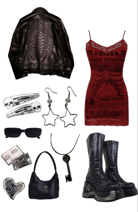 Villain Era Outfits, Gig Outfit Ideas, Rock And Roll Outfits Women, Rockstar Gf Outfit, Rockstar Aesthetic Outfits, Girlfriend Clothes, 1990 Style, Rock Star Outfit, Red And Black Outfits