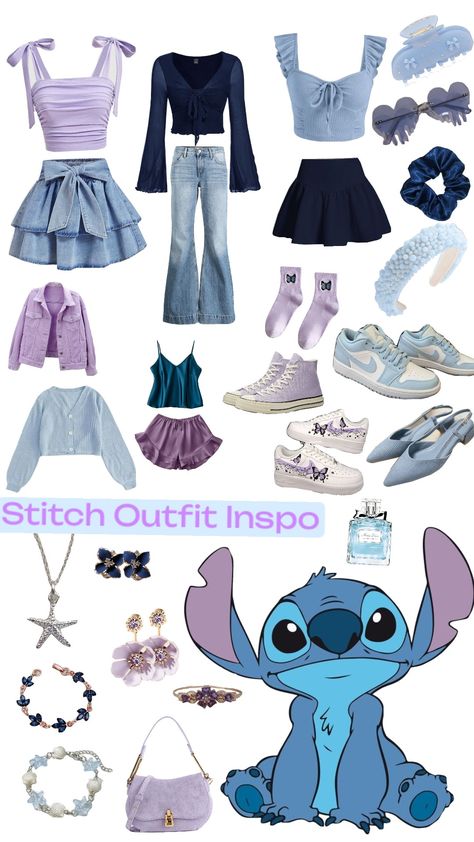 #stitch #outfit #fitcheck #fitinspo #disney #blue #purple #aestehthic Disney Bounding Stitch, Stitch Outfits Disney, Purple Disney Outfit, Inside Out Outfits, Inside Out 2 Outfit Ideas, Stitch Disney Bound, Disney Bound Outfits Princess, Disney Character Outfits, Spirit Week Outfits