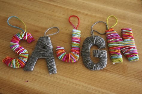 Recycled Ornaments, Christmas Activities For School, Yarn Ornaments, Yarn Wrapped Letters, Yarns Ornaments, Boho Yarn, Letter Ornaments, Vbs Ideas, Diy Christmas Tree Ornaments