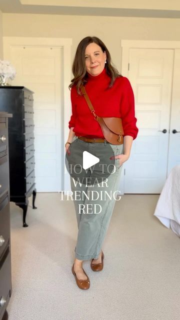 Marya Choby ❤️ Be So You | Over 40 Style on Instagram: "Red is still trending and will be all over the place in 2024. ⁠ ⁠ I picked up this sweater from @AnnTaylor in the post-holiday sales and love it.⁠ Red is a power color for me, and I’m fully embracing it. ⁠ ⁠ I paired it with these faded olive green wide-leg pants on a whim a few weeks ago and love the combination. Then today, @jcrew is showing olive and red together in an outfit. The combination is so good!⁠ ⁠ You have to be careful about the green tone of the pants so you’re not creating a holiday look. Choose a gray-olive green rather than a deep evergreen or a bright Kelly green. ⁠ ⁠ The brown accessories add an earthy and grounded sophistication to the look. ⁠ ⁠ These days, our temps yo-yo with cold nights and daytime temps around Over 40 Style, Brown Accessories, Olive Green Pants, Post Holiday, Power Colors, Green Tone, Cold Nights, Green Pants, Holiday Looks