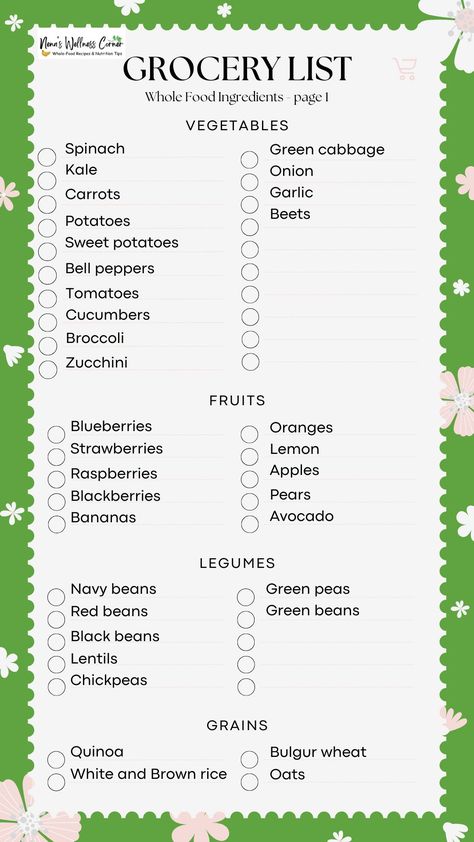 Have you ever wondered what a healthy grocery shopping list should look like? You don’t have to wonder anymore! Discover the essence of nutrition with this whole food ingredients list. From vibrant vegetables to entire grains and nourishing proteins, explore the diversity of natural goodness for a healthier lifestyle. Vegetable Grocery List, Wholegrain Food List, Whole Grain Foods List, Whole Grains List, Healthy Shopping List Grocery, Dinner Date At Home, Heathy Eats, Healthy Grocery Shopping, Kitchen Hacks Food