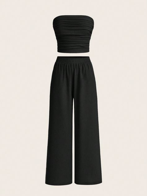 Women's Summer Casual Simple Strapless Top And Wide Leg Pants Two Piece Set Black Casual    Plain  Medium Stretch  Women Clothing, size features are:Bust: ,Length: ,Sleeve Length: Black Seamless Tube Top For The Beach, Black Seamless Tube Top For Beach, Black High-waisted Beach Pants, Black Wide-leg Beach Pants, Black High-waisted Wide Leg Beach Pants, Strapless Shirt, Belly Shirts, Bandeau Tops, Mode Zara