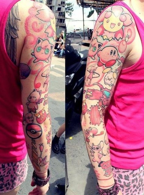 Cartoon and game character tattoos feat. Kirby, Jigglypuff, Stitch, etc... // Nintendo Tattoos, Nintendo Costumes, Aesthetic Nintendo, Diy Nintendo, Pokemon Sleeves, Nintendo Aesthetic, 3ds Nintendo, Satoru Iwata, Nintendo Tattoo