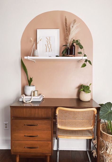 Bohemian midcentury modern desk with caned chair, hanging shelf, plants, and pampas grass. 아파트 인테리어, Design Del Prodotto, Home Office Design, New Room, 인테리어 디자인, Home Office Decor, Room Makeover, Home Deco, Bedroom Interior