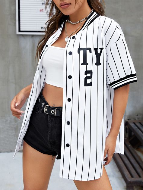 White Casual Collar Half Sleeve Fabric Letter,Striped Shirt Embellished Non-Stretch Summer Women Clothing Baseball Jersey Outfit Women, Baseball Shirt Outfit, Baseball Jersey Outfit, Street Mode, Sporty Jacket, Baseball Outfit, Base Ball, Jersey Outfit, Classy Casual Outfits