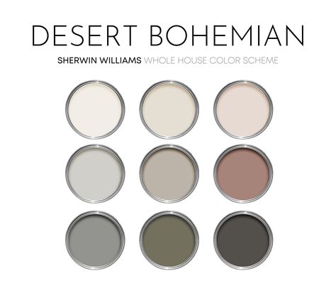 This listing is for a Desert Bohemian color scheme, created with Sherwin Williams paint colors and featuring many best-selling colors. I have carefully selected a range of 9 colors for this palette, and included options for walls, trim, furniture, cabinets and doors.  Sherwin Williams has hundreds of paint colors, each with their own unique undertones. This can make choosing the right paint colors hard. The colors in this collection were carefully selected to coordinate with each other - this makes choosing the right paint colors a lot easier! Upon purchase, you will receive a beautiful digital color guide with: * All names and numbers for each color included in this color scheme * Real photo examples of each color * Best uses for each color * Best rooms for each color * Tips to help get y Utah Color Palette, Boho House Color Palette, Desert Paint Colors, Bohemian Wall Colors, Sherwin Williams Latte, Bohemian Color Scheme, Desert Color Palette, Colors For Home, Sherwin Williams Paint